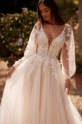 Enchanting White A-Line V-Neck Long Sleeves Sweep Train Tulle Wedding Dresses With Appliques